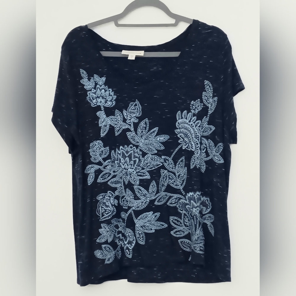 Coldwater‎ Creek Top Women's XL (18) Floral Embroidered Print Navy Blue Tee